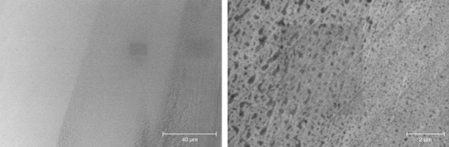 Figure 17. Left: Secondary electron imaging (SEI) showing how dislocation network patterns are expressed at the surface of the diamond in the same region as in figure 16G. The box shapes are from the electron beam having rested at those regions at higher magnifications. Right: Higher magnification imaging reveals further details for the dislocation network patterns and lamellae.