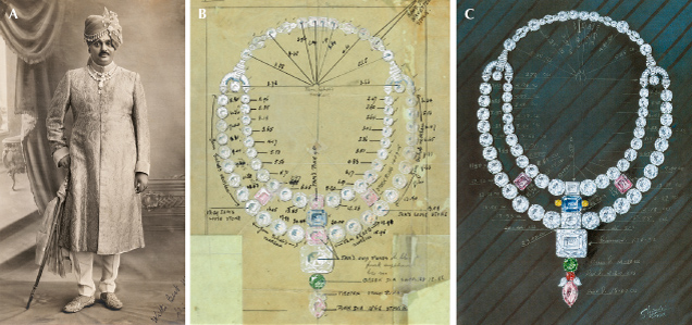 Figure 4. The Ceremonial Necklace of Nawanagar created by Cartier London and worn by the maharaja (A); originally sketched by Cartier in 1931, without the red diamond (B); and reproduced by A.V. Shinde circa 1958 and in 2002, containing a 2.34 ct red diamond (C). Photos courtesy of Archives Cartier Paris © Joshi & Vara, Archives Cartier London © Cartier, and Keswani (2004), respectively.