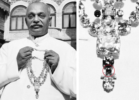 Figure 5. Left: The Ceremonial Necklace of Nawanagar held by the Maharaja Digvijaysinhji in 1947. Photo courtesy of Cartier Paris Documentation © Acme Photo. Right: Zoomed in on the red diamond, circled in red.