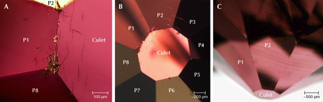 Figure 7. Optical images of the Winston Red diamond. A: Chip between pavilion facet 1 (P1) and the culet. B: Labeled pavilion facets (P1–P8), as determined by the chip on P1. C: Graining viewed from P2. Photomicrographs by W. Henry Towbin.