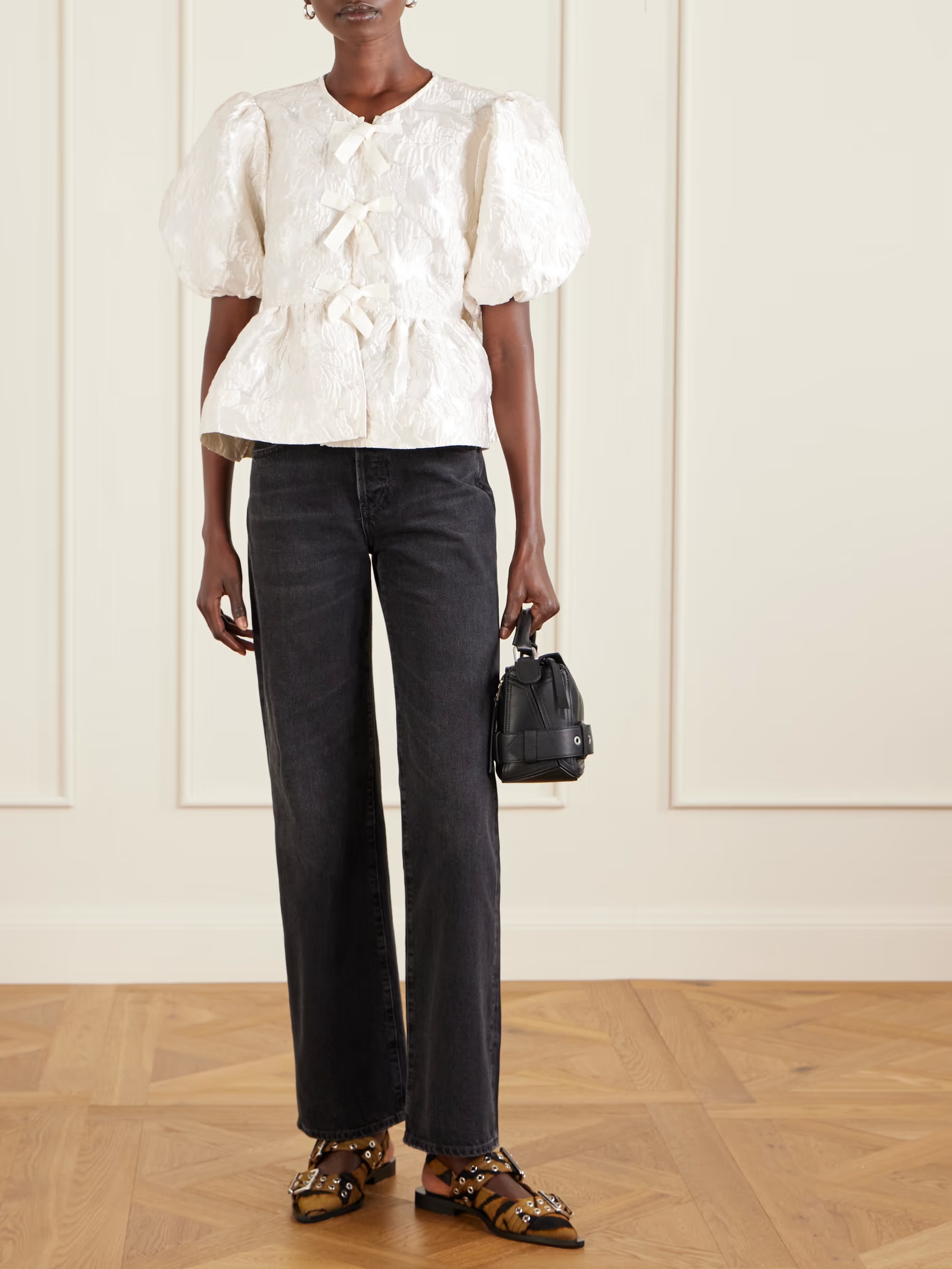 GANNI, Bow-Detailed Cloqu&eacute; Peplum Blouse