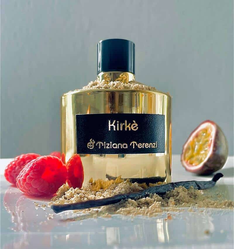 a bottle of Tiziana Terenzi Kirke and raw ingredients