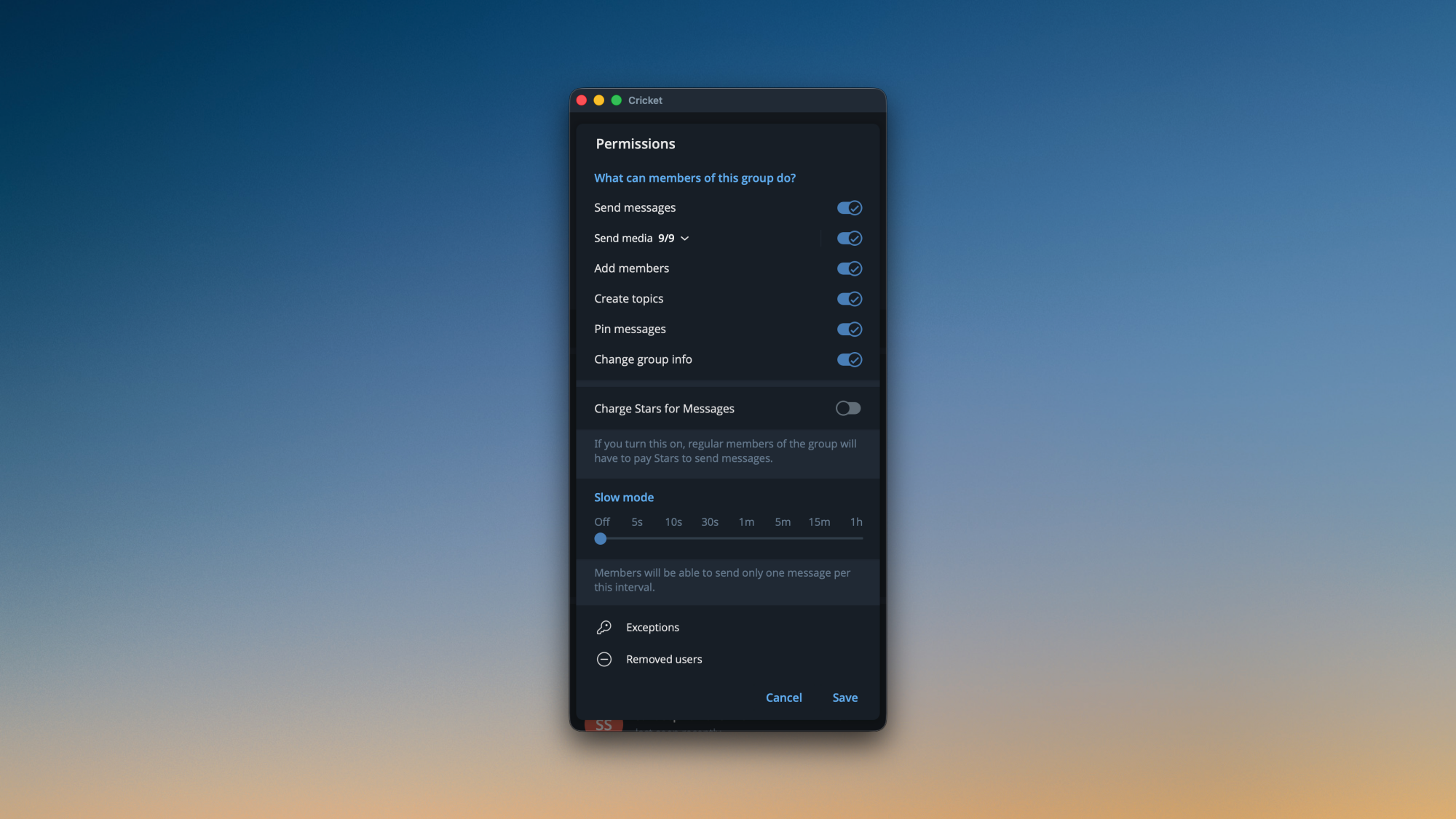 Group permissions in Telegram on Mac.